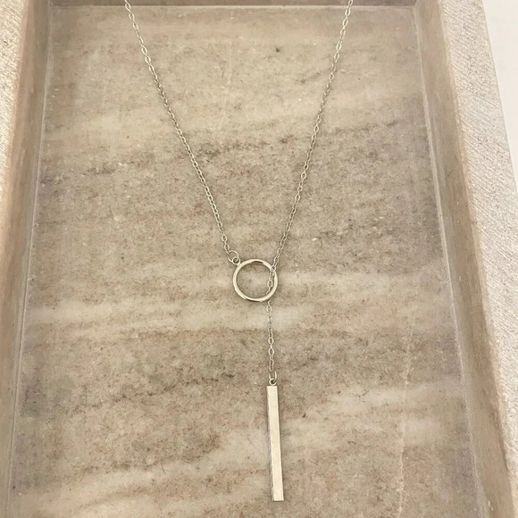 925 Sterling Silver Long Bar Lariat Necklace Long Drop Circle & Bar Necklace - Picture 2 of 9